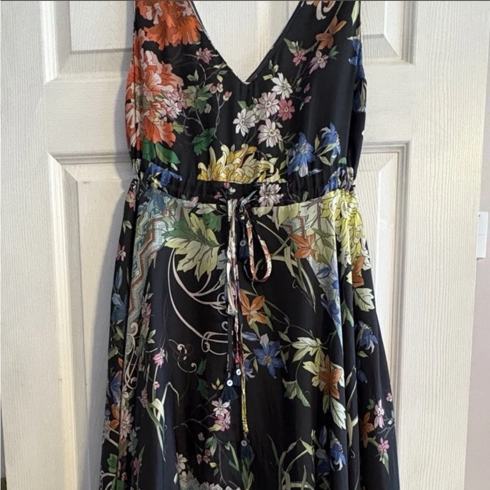 Johnny Was Meru Silk Handkerchief Hem Dress XS Boho Floral V Neck Sharkbite